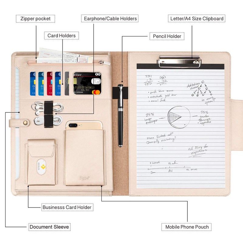 Toplive Padfolio Portfolio Case, Executive Business Padfolio with Document Sleeve, Letter/A4 Size Clipboard, Business Card Holders, Portfolio for Women & Men, Matte Gold - Image 3